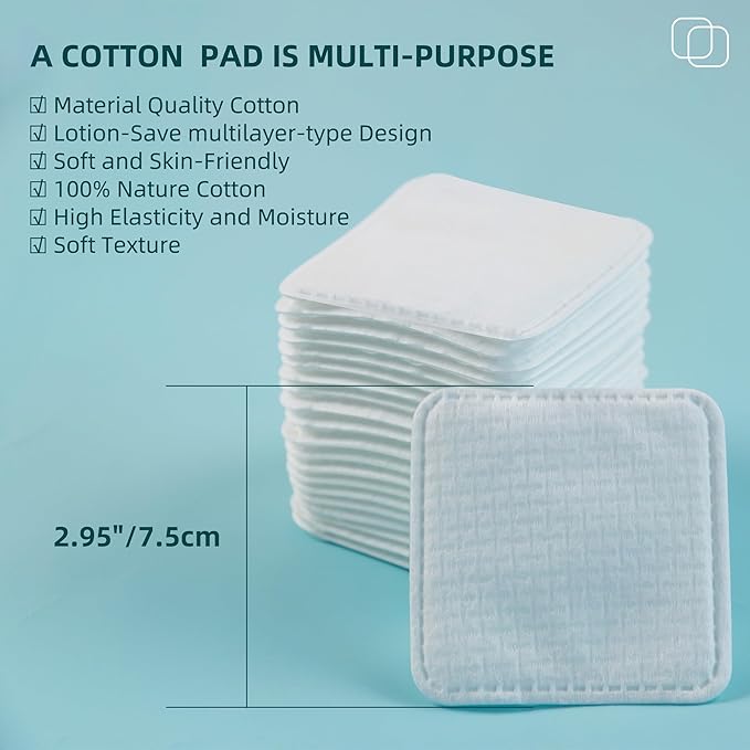 Premium Exfoliating Cotton Pads (120 Count) - 100% Cotton, Extra-Soft and Lint-Free, Durable Squares for Facial, Lip, and Eye Makeup Removal