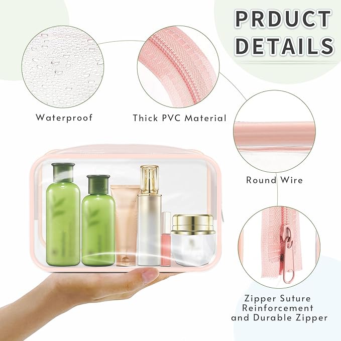 16 Pieces Clear Makeup Bags Bulk, TSA Approved Toiletry Bags Travel Pouch, Waterproof PVC Plastic Small Clear Cosmetic Bags with Zipper for Organizing (Light Pink Border)