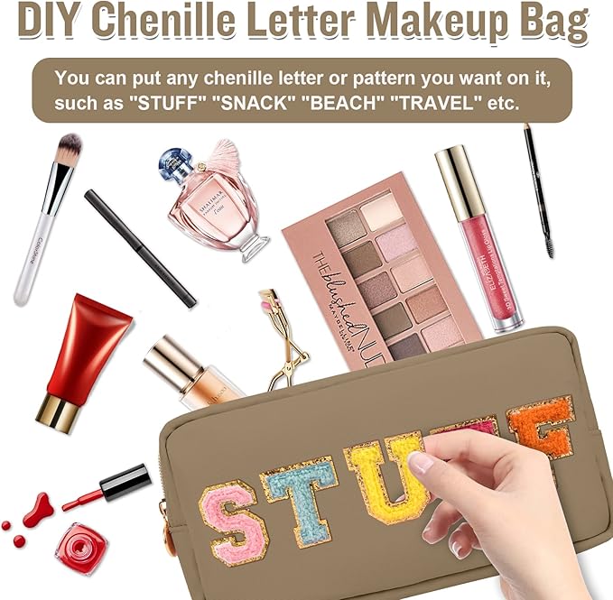 Nylon Small Makeup Bag for Purse, Preppy Cute Makeup Bag Cosmetic Zipper Pouch Purse, Waterproof Portable Travel Toiletry Bag Clutch Make Up Brush Bag Organizer Storage for Women Men Girls(Khaki)