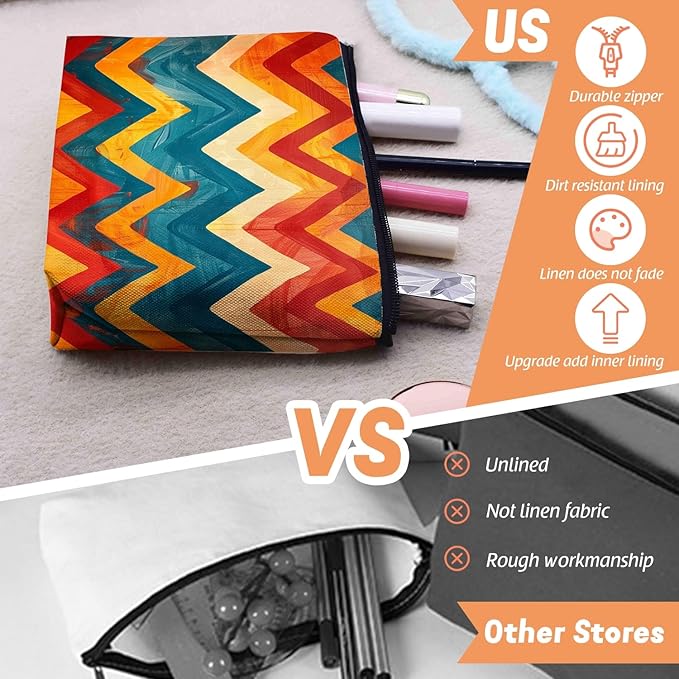 Cosmetic Bags Travel Makeup Toilet Case Waterproof Pouch for Women Girls 6.7X9.45inches - Zigzag Pattern in Warm And Cool Tones