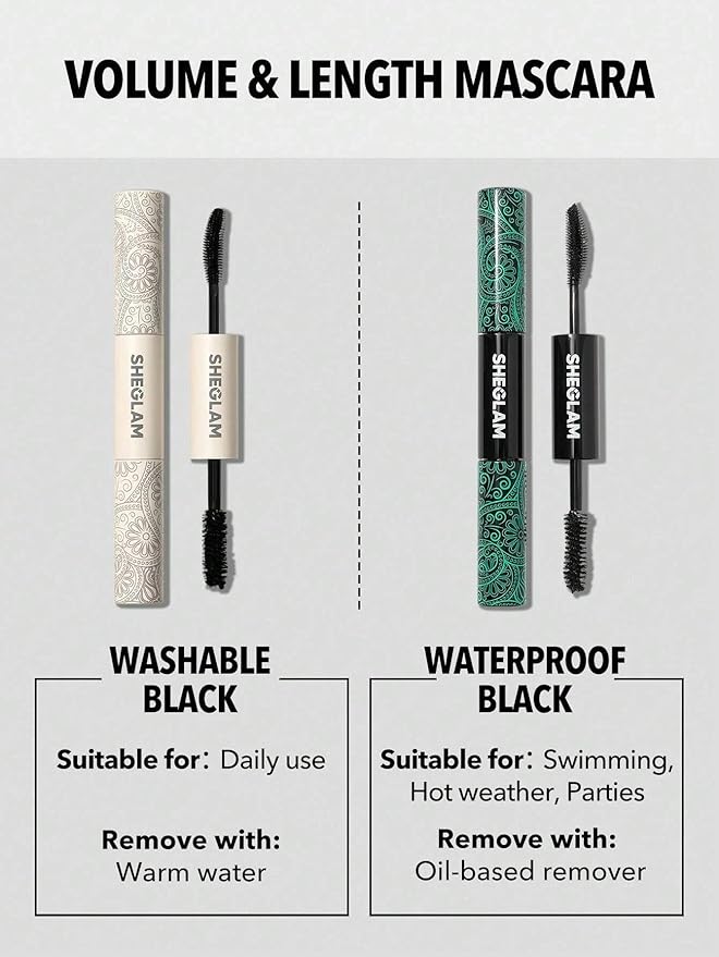 SHEGLAM 2 In 1 Black Volume and Length Washable Mascara Long Lasting Dual-Ended Tubing Eye Makeup