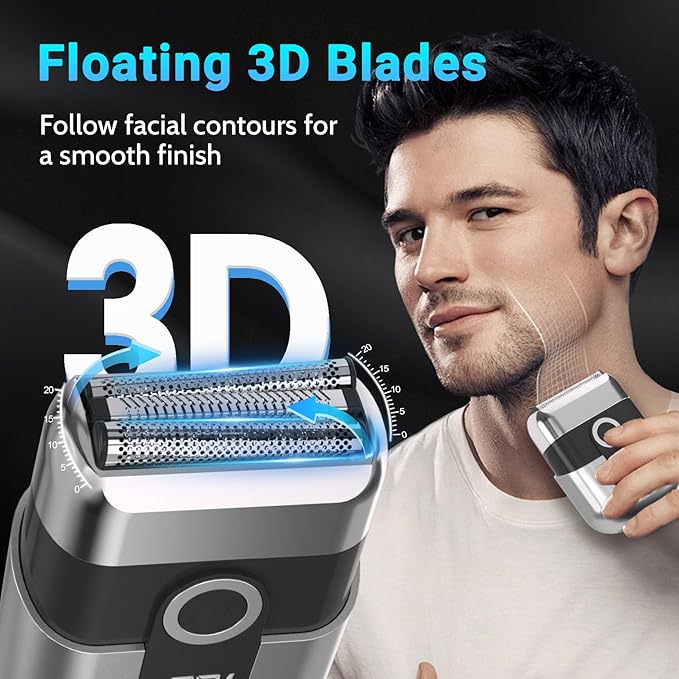 Electric Foil Shavers for Men: Mini Electric Razor, Foil Shaver for Face, IPX7 Waterproof Wet Dry Cordless Razor with 3 Floating Blades, LED Display for Travel & Home, USB Type C