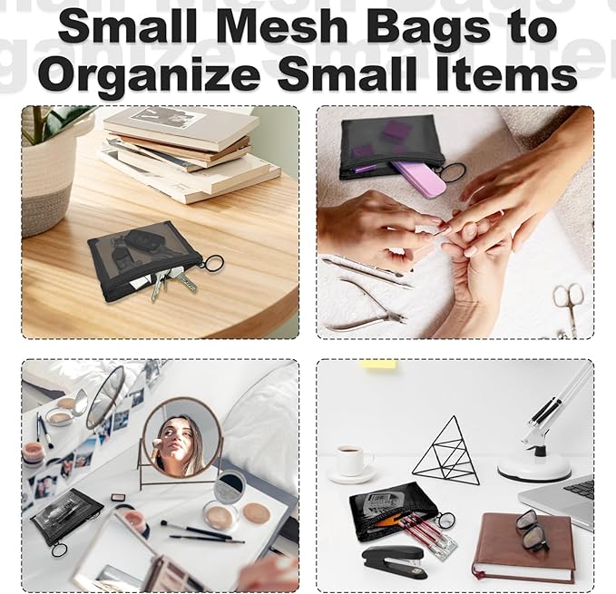 Mini Mesh Pouches (4 Pack), Small Mesh Bags with Zipper Nylon Makeup Pouches Bag Cosmetic Pouch Travel Purse Organizer Insert Diaper Inside Bag Organizers Home Organizing Size See Through Cute Black