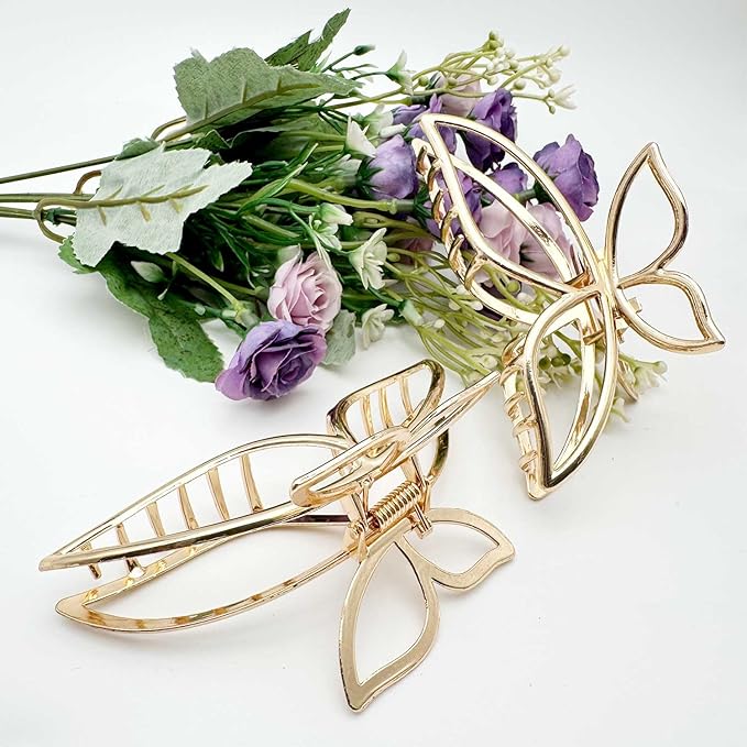 2-Pack Butterfly Claw Clips for Women, Metal Hair Clips for Thick Hair - Non-Slip Large Hair Claws for Updos, Bun, Ponytail