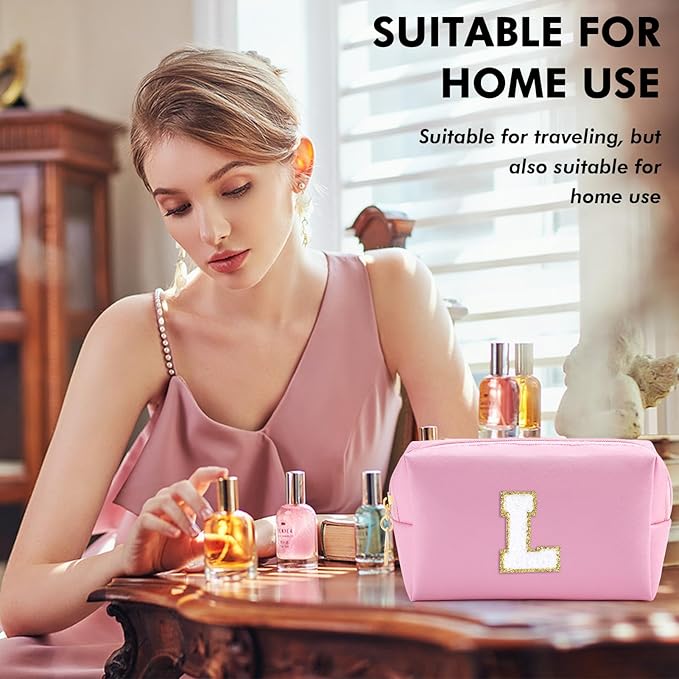 Initial Makeup Bag for Women Travel Small PU Leather Cosmetic Bag Cute Pink Personalized Preppy Chenille Letter Makeup Pouch for Purse Zippered Toiletry Organizer Makeup Case Ideal Gift（L）