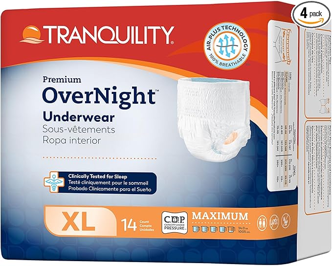 Tranquility Premium OverNight Disposable Absorbent Underwear (56 Count) - XL, 48-66 in. Waist - Maximum Absorbency, All-Night Sleep, Breathable Comfort, 56 Adult Diapers