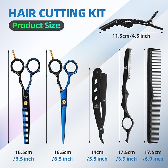Hair Cutting Shears Sets - Professional 9 PCS Haircut Scissors Kit with 6.5" Thinning/Texturizing Scissors (29 Teeth) and Straight Shears for Men Women Home Salon (Black & Blue)