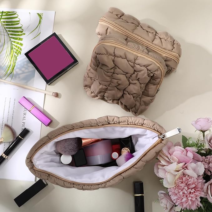 3 Pcs Puffy Makeup Bag Quilted Cosmetic Pouch for Women Cute Checkered Travel Toiletry Bag Puffer Makeup Organizer Purse Pouch Preppy Pencil Case with Zipper (Brown)