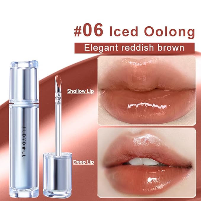 JUDYDOLL Ice Watery Lip Gloss- Long Lasting & Transfer-Proof, Infused with 86% Essence with Ice Iron Applicator, Non-Sticky Glossy Finish for Daily Wear, Mirror Lip Glazes, Moisturizing Plumping Gloss