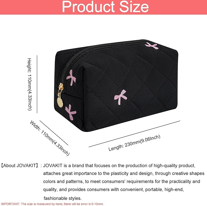 JOVAKIT Square Makeup Bag Cute Cosmetic Bag for Women, Floral Coquette Aesthetic Toiletry Bag, Zipper Make Up Pouch, Travel Make Up Organizer Bag (Black)