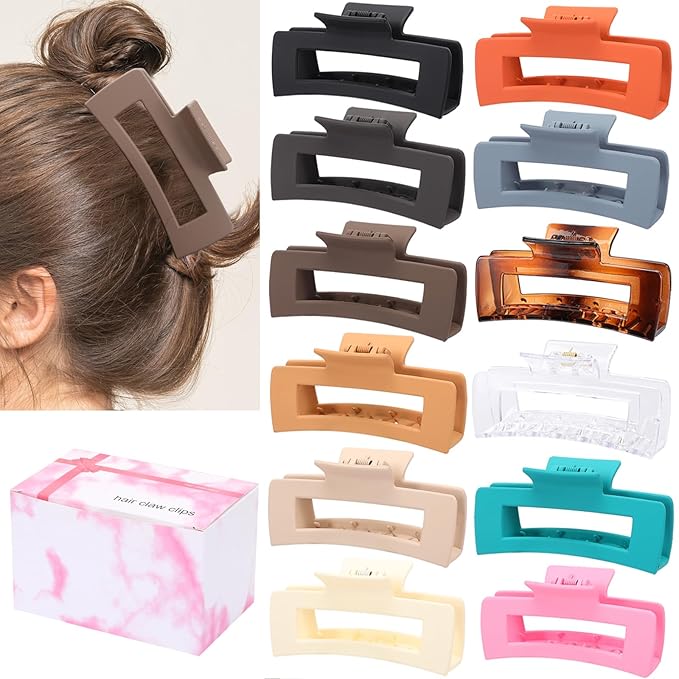 Hair Clips for Women12 Pack 4.1 Inch Large Square Claw Clips for Women Girls Thick Thin Curly Hair, Strong Hold Matte Neutral Colors Big Hair Claw Clips Accessories