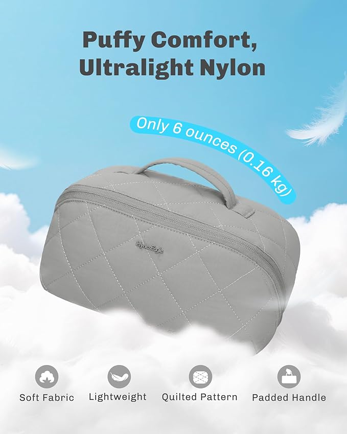 Hynes Eagle Travel Makeup Bag for Women Puffy Cosmetic Organizer Pouch Open Flat Toiletry Bag for Toiletries, Brushes Grey