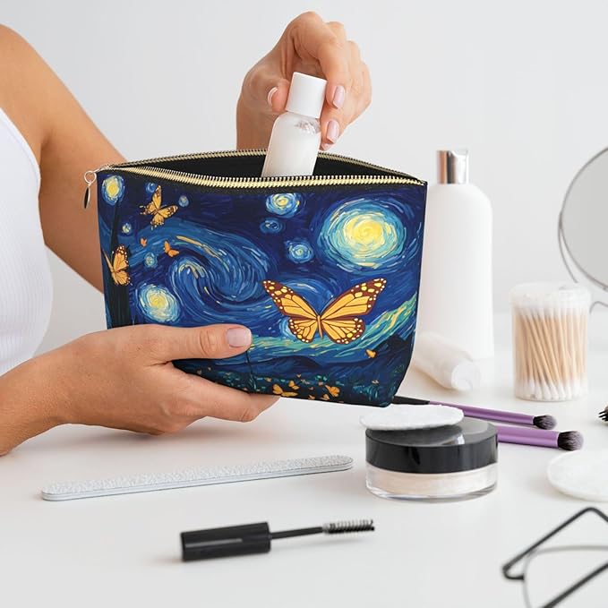 Womens Leather Makeup Bag Cosmetic Bag Travel Toiletry Bags Make Up Bags for Women Adult (Starry_Night_Butterflies)