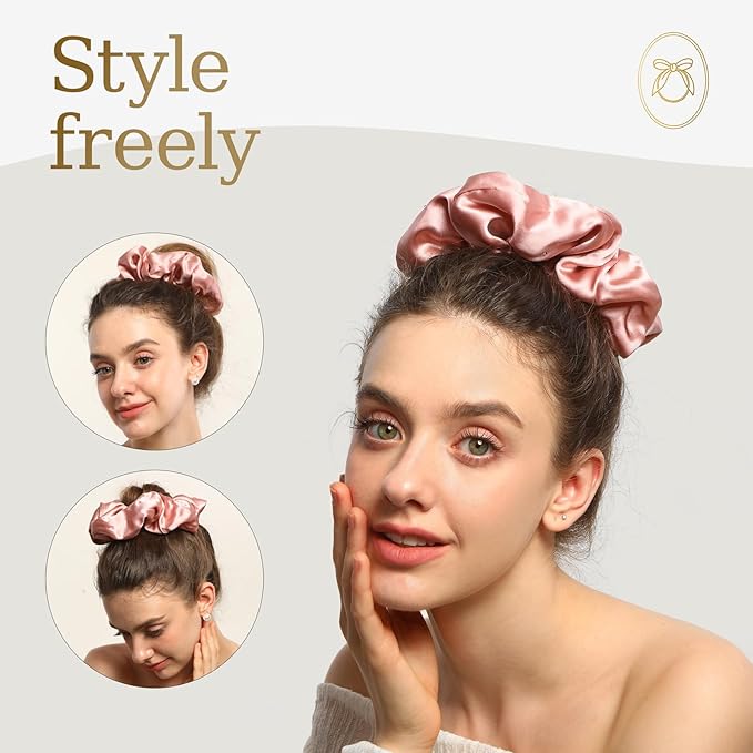 100% Mulberry Silk Scrunchies for Women Ponytail Holders – Plus Rhinestone-Embellished Design for Curly, No Damage Hair Ties for Curly, Thick, and Thin - Hair Accessories for Women(Champagne Pink)