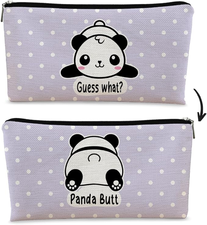 Cute Baby Panda Guess What It's Pug Butt Cosmetic Bag, Purple Makeup Case for Teen Girls & Women, Canvas Zipper Pouch