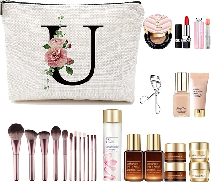 Initial A-Z Personalized Letter Makeup Bag, Monogrammed Bridesmaid Gifts Presents Cosmetic Bag, Portable Stationery Storage Organizer Pouch, Friendship Love Travel Makeup Bags