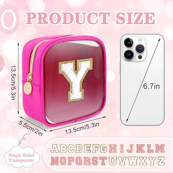 Mini Clear Personalized Initial Makeup Bag, Small Preppy A-Z Chenille Letter Patch Cosmetic Pouch, Transparent PVC & Nylon Waterproof Zip Beach Toiletry Bag,Gift for Women Girls(Hot Pink-White Y)