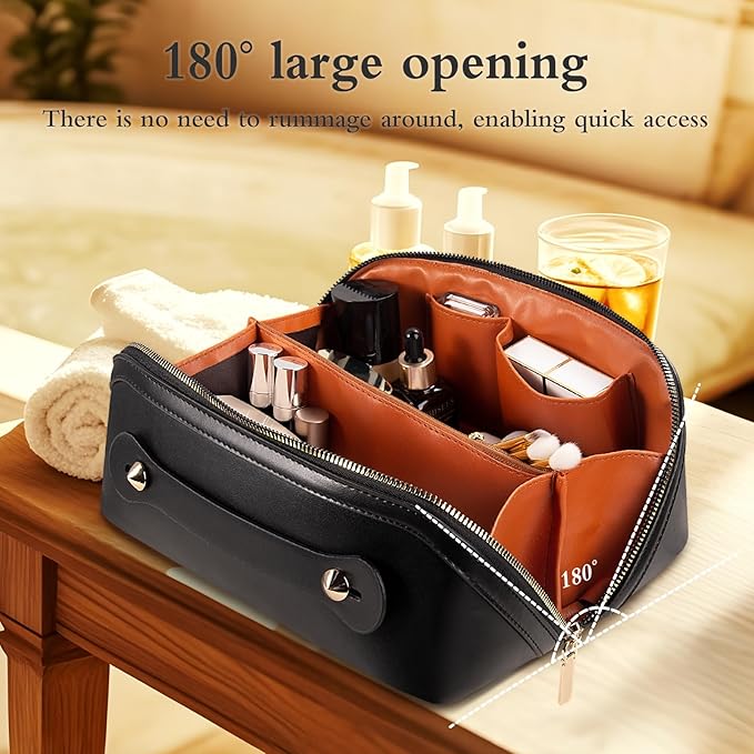 Abiudeng Travel Makeup Bag,Large Capacity Toiletry Bag Cosmetic Bags for Travel Essentials,Waterproof Portable Pouch Open Flat Makeup bag Organizer with Divider and Handle-black