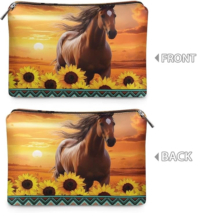 COEQINE Sunflower Western Cosmetic Purses for Women Weddings Western Cosmetic Pouch With Cute Horse And Sunset Print Mini Makeup Bag Travel Wedding Partry Purse With Zipper