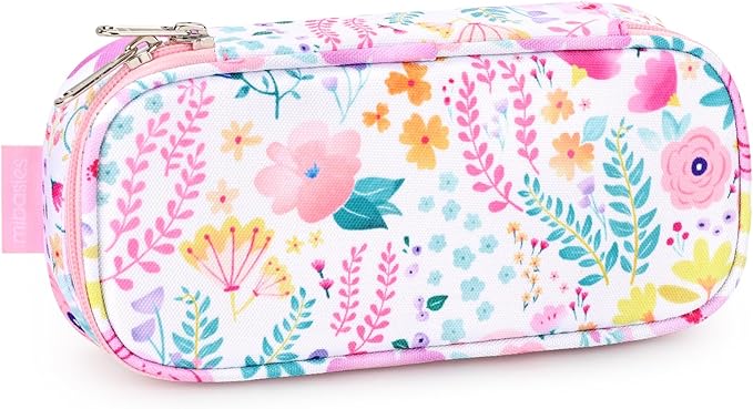 mibasies Girls Pencil Case for Kids, Multi-Slot Pencil Pouch, Flower Pink White