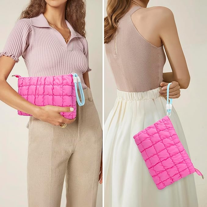 DOB SECHS Puffer Quilted Makeup Bag with Handle, Cute Puffy Cotton Cosmetic Bags for Women, Checkered Toiletry Zipper Pouch, Travel Essentials Storage Organizer Clutch Pouches Pencil Case, Hot Pink