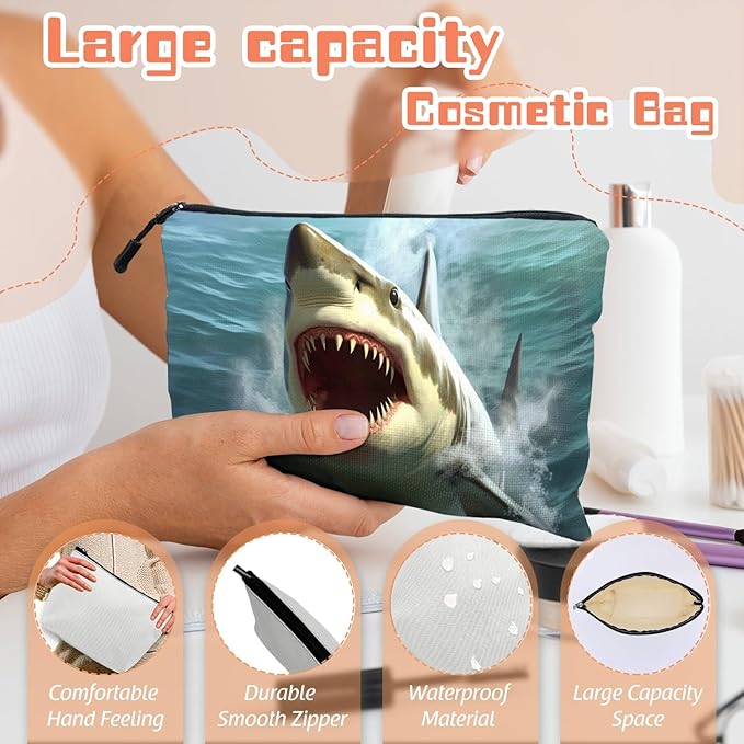 Cosmetic Bags Travel Makeup Toilet Case Waterproof Pouch for Women Girls 6.7X9.45inches - Close - Up of A Great White Shark With Open Mouth