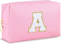 Initial Makeup Bag Personalized Preppy Cosmetic Bag Travel Toiletry Bag Waterproof PU Small Makeup Pouch Bag for Purse Birthday Gift Cute Stuff for Teen Girls Women (Pink A)