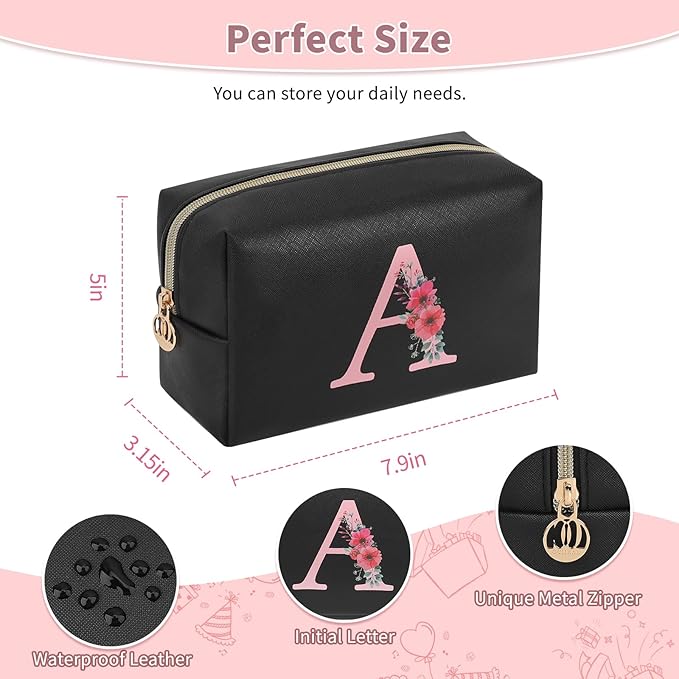 Personalized Initial Makeup Bag, Birthday Gifts for Women and Girls, Small Makeup Pouch Travel Toiletry Bag, Make Up Organizer Bag Gift Trendy Stuff for Friend Mom Teacher, Black