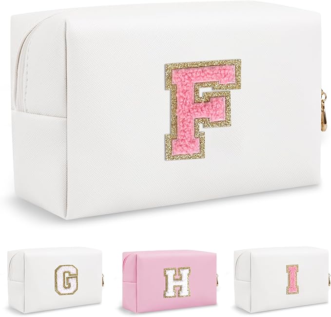 Small Initial Preppy Makeup Bag, Personalized Travel Cosmetic Organizer Chenille Letter White Toiletry Zipper Pouch, Portable Waterproof Makeup Case Gifts for Friends Female Friendship(Letter F)