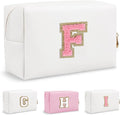 Small Initial Preppy Makeup Bag, Personalized Travel Cosmetic Organizer Chenille Letter White Toiletry Zipper Pouch, Portable Waterproof Makeup Case Gifts for Friends Female Friendship(Letter F)