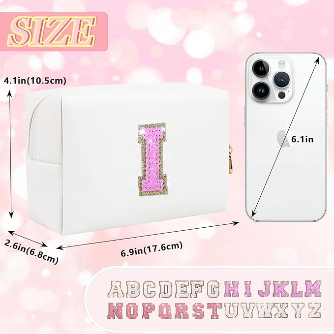 Initial Letter Patch Makeup Bag, Small Preppy A-Z Glitter Letter Cosmetic Bag, PU Leather Waterproof Travel Toiletry Bag, Cute Make Up Pouch Personalized Monogrammed Gift for Women Teen Girls