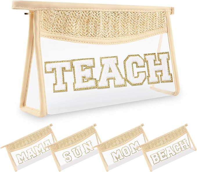 Teacher Appreciation Gifts Boho Straw Clear Makeup Bags, Zipper Cosmetic Bag Chenille Letter Patch Bag, Preppy Cute Beach Toiletry Pouch, Trendy Graduation Retirement Birthday Teacher Gifts for Women