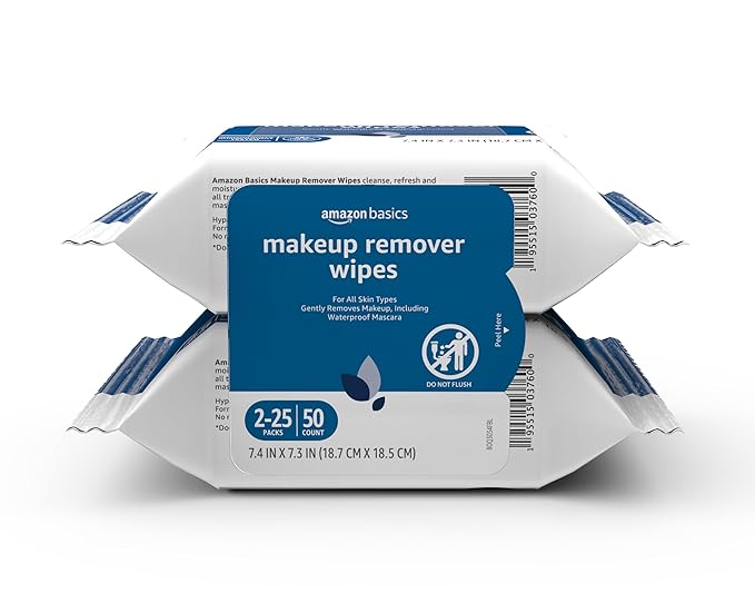 Amazon Basics Makeup Remover Wipes, Gentle Cleansing, Dermatologist Tested, Original, Plant Based, Alcohol-Free, Removes Waterproof Mascara, 25 Count Per Pack, Pack of 2