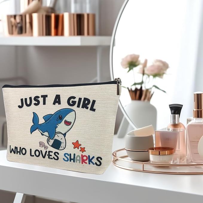 Shark Gifts for Women Makeup Bag, Cute Shark Themed Gifts for Shark Lovers Girls Kids Accessories, Just A Girl Who Loves Sharks Cosmetic Stuff Pouch, Birthday Christmas Decorations