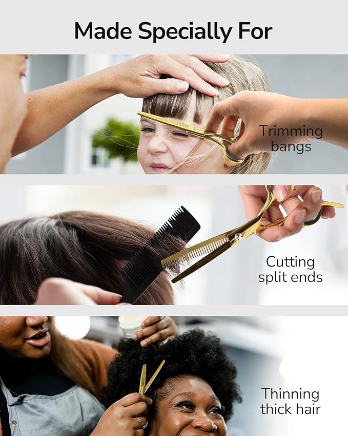 Hair Thinning Scissors Cutting Teeth Shears Professional Barber ULG Hairdressing Texturizing Salon Razor Edge Scissor Japanese Stainless Steel with Detachable Finger Ring 6.5 inch, Gold