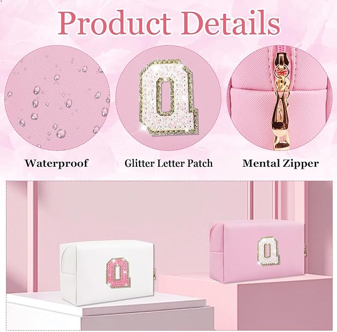 Small Personalized Glitter Initial Letter Makeup Bag, Cute PU Leather Chenille Letters Cosmetic Bag Travel Makeup Pouch, Preppy Travel Organizer Zipper Pouch for Women&Girls（Pink-Q）