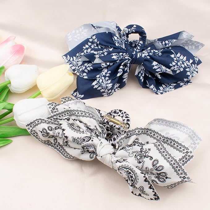 Bow Claw Clips Bow Hair Clips Blue White 2PCS Big Hair Bows for Women Butterfly Styling Large Hair Clips for Thick Hair for Girls Hair Accessories for Teen