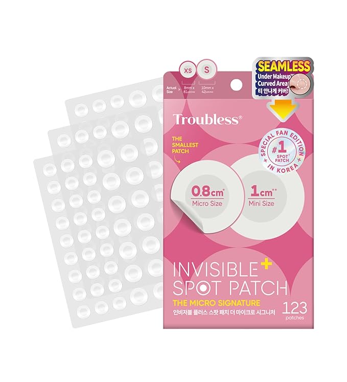Troubless Invisible Plus Spot Patch The Micro Signature - Thin Hydrocolloid for Seamless Coverage - Comfortable & Easy-Wear Patches for Face (0.8cm & 1cm, 123 ea)
