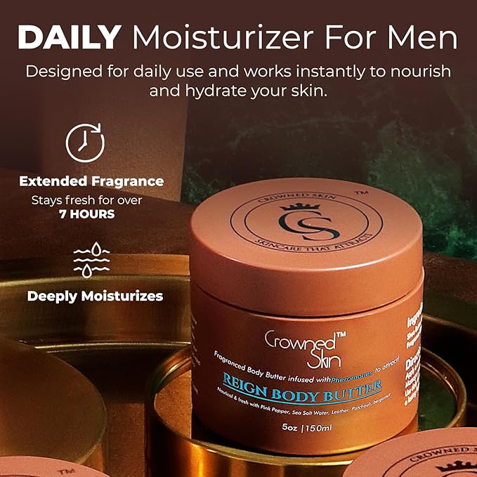 Crowned Skin Reign Cologned Body Butter | Fresh & Nautical Scent | Blended with Pink Pepper & Bergamot | Infused with Organic Shea & Mango Butters | Moisturizing Formula with All-Day Fragrance | 5oz
