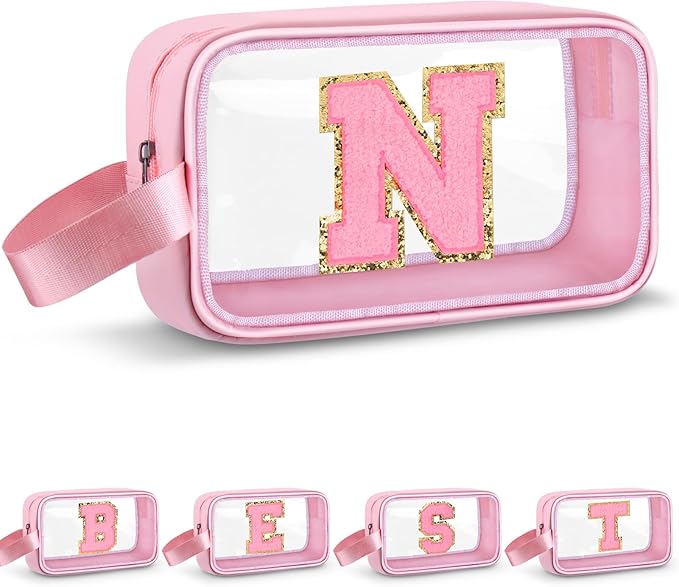 Initial Makeup Bag,Letter N Cute Clear Monogrammed Cosmetic Travel Bag for Womens Girls,Personalized Pink Aesthetic Traveling Make Up Organizer Bag for Beach,Waterproof Toiletry Bag