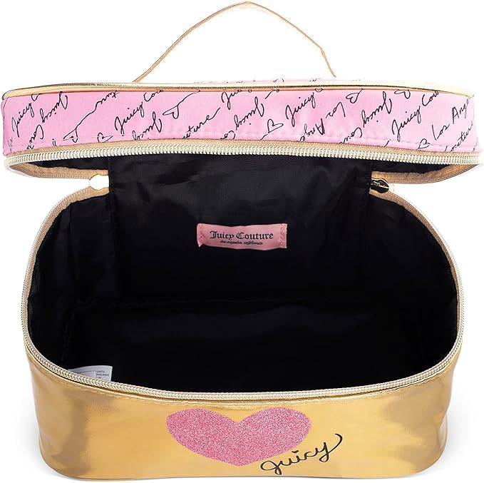 Juicy Couture Gold Pink Makeup Bag Cosmetics Organizer Travel Essentials Train Case Shiny Heart