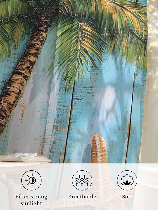 Sheer Curtains 45 Inch Length, Coastal Beach Tree Semi Sheer Curtains Light - Image 6