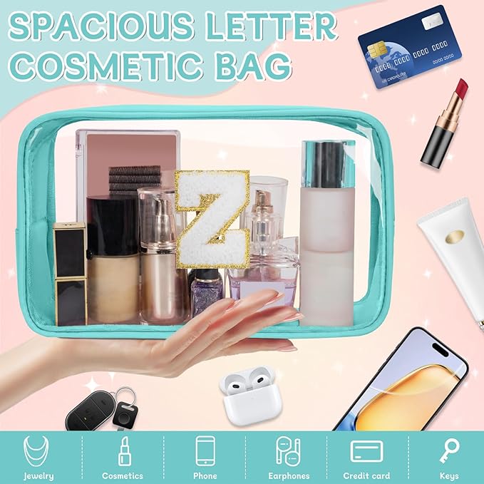Personalized Initial Clear Makeup Bag, Travel Chenille Patch Cosmetic Bag, Preppy Toiletry Bag Monogram Cosmetic Pouch with Zipper, Ideal Gift for Teen Girls Women (Clear-Green, Z)