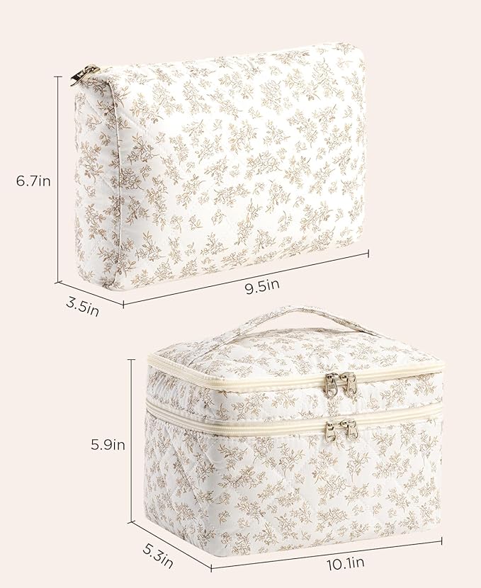 HBselect 2Pcs Travel Makeup Bag, Large Cotton Quilted Makeup Bag Cosmetic Bag Cute Make up Bag Toiletry Bags for Women Girls