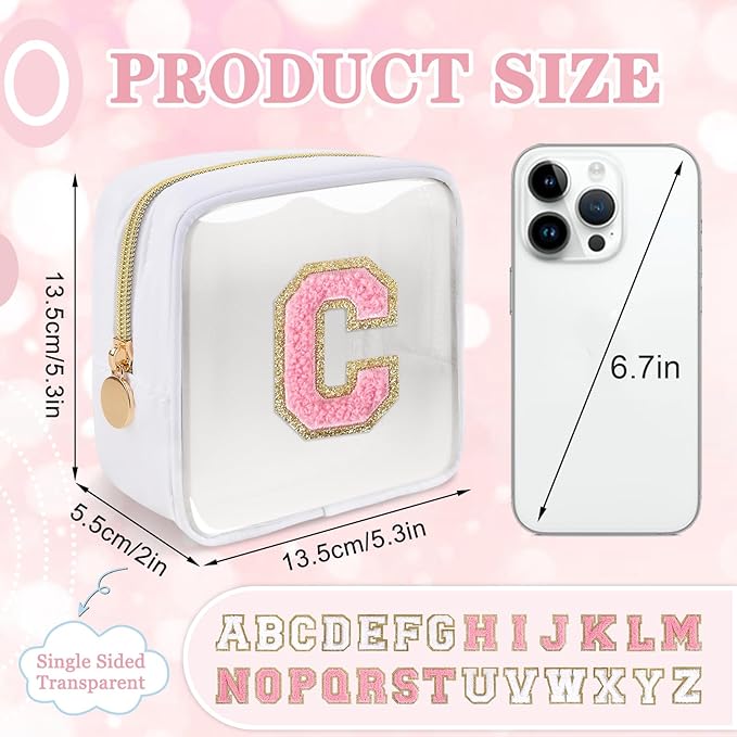 Mini Clear Personalized Initial Makeup Bag,Nylon Preppy A-Z Chenille Letter Patch Zipper Cosmetic Bag, Small Cute Beach Pouch Travel Purse Sanitary Napkin Storage Bag for Women Girls(White-Pink C)