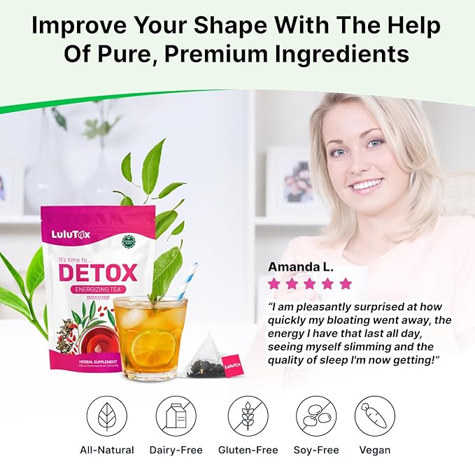 LULUTOX Detox Tea - Slimming Tea with Dandelion and Ginseng to Support Goals for Detox Cleanse, Flat Belly, Bloating, Healthy Weight and Digestive Health - Women & Men - Peach Flavor (28 Servings)