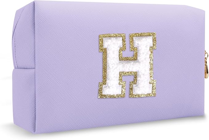 Personalized Chenille Letter Preppy Makeup Bag, Small Initial Purple Cosmetic Bag Travel Toiletry Zipper Pouch Monogram Makeup Storage, Waterproof PU Make Up Case Travel Essentials for Women(Letter H)