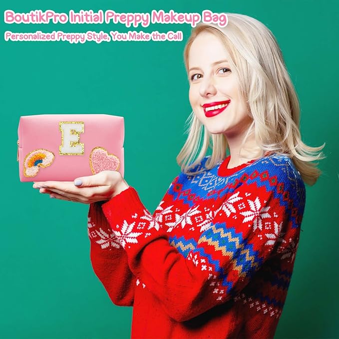 Personalized Inital Preppy Makeup Bag Set with Zipper, Monogram Waterproof Travel Cosmetic Bag for Women, Cute Preppy Patch Toiletry Bag for Traveling Outdoors, Gift Ideal for Christmas Thanksgiving