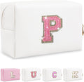 Personalized Initial Letter Makeup Bag, Small Preppy Glitter Letter Cosmetic Pouch PU Waterproof Zipper Travel Toiletry Bag, Unique Letter Patch Makeup Organizer Gift for Women Teen Girls(Letter P)