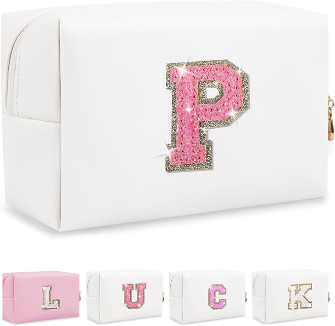 Personalized Initial Letter Makeup Bag, Small Preppy Glitter Letter Cosmetic Pouch PU Waterproof Zipper Travel Toiletry Bag, Unique Letter Patch Makeup Organizer Gift for Women Teen Girls(Letter P)